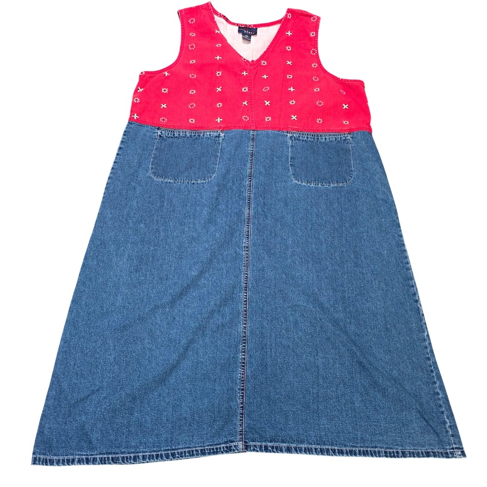 CST Blues Floral Embroidered Denim Jumper Dress Womens Size 1XWP Blue Red